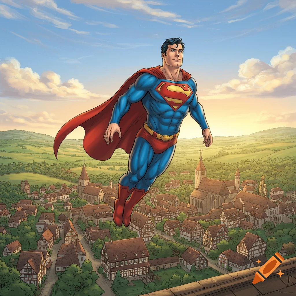 Superman flies over a picturesque European village with half-timbered houses and churches at sunset, in a comic book art style.