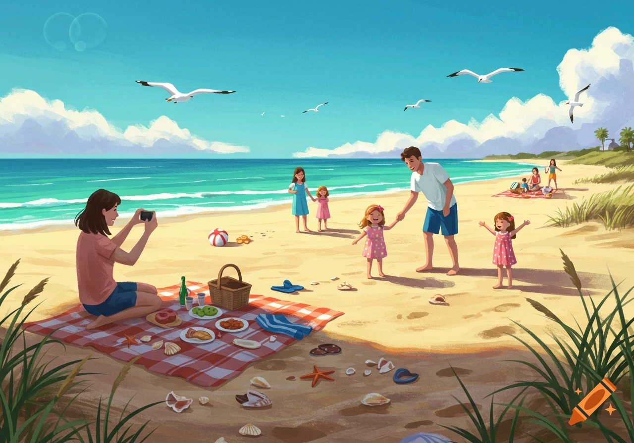 An illustration of a family enjoying a picnic on a sunny beach. A mother photographs her daughter, while the father holds another child's hand. Seagulls fly overhead.