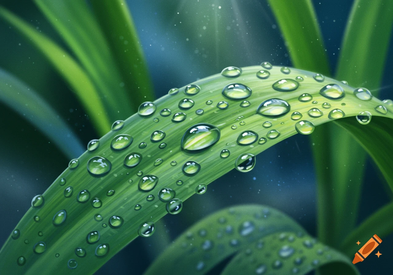 A vibrant green leaf covered in numerous sparkling water droplets in a close-up, photorealistic style.