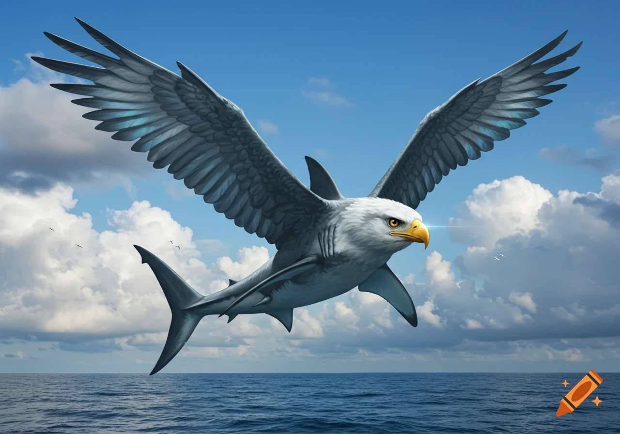 A majestic eagle-shark hybrid, with an eagle's head and wings on a shark's body, soars above a blue ocean under a cloudy sky. Realistic illustration.