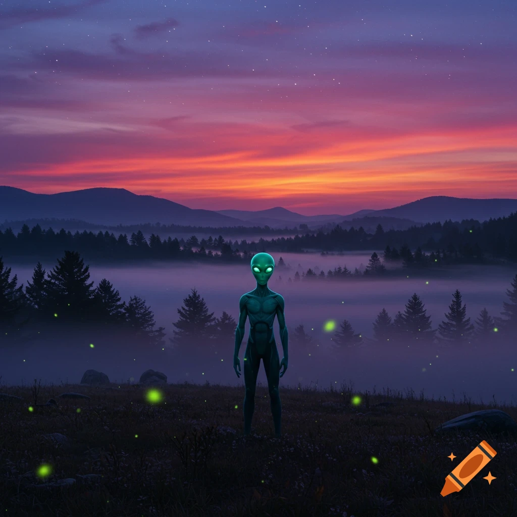A tall, green alien stands in a misty forest at sunset, with mountains in the background and glowing fireflies.