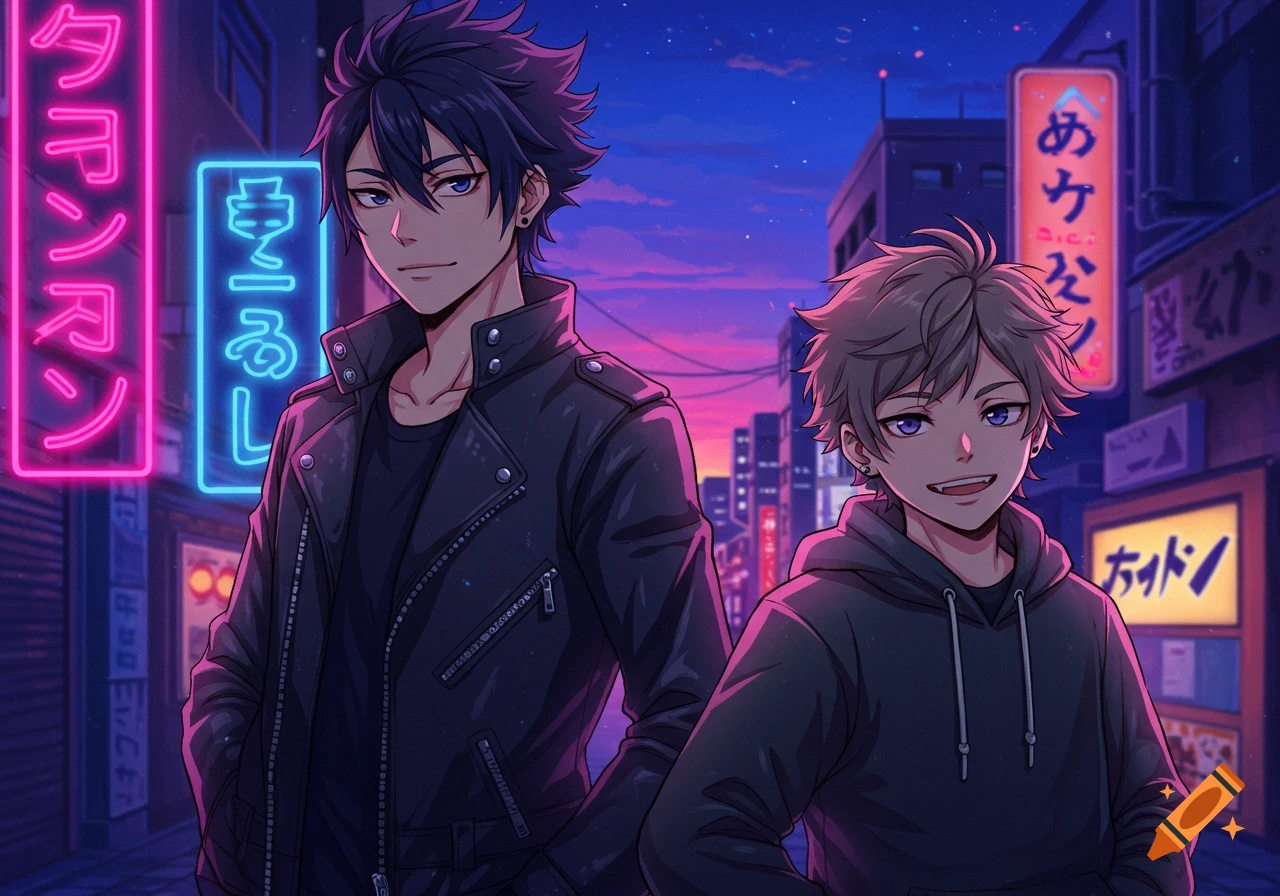 Two anime boys, one in a leather jacket and one in a hoodie, stand in a neon-lit urban street at night.