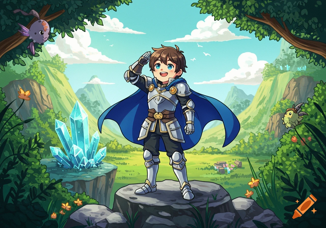 A cheerful young male adventurer in shining armor and a blue cape salutes in a vibrant cartoon fantasy landscape with crystals and creatures.