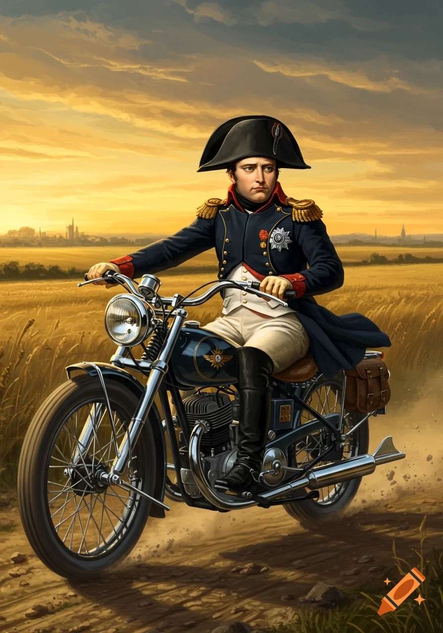 Napoleon Bonaparte riding a vintage motorcycle through a golden field at sunset in a realistic painting.