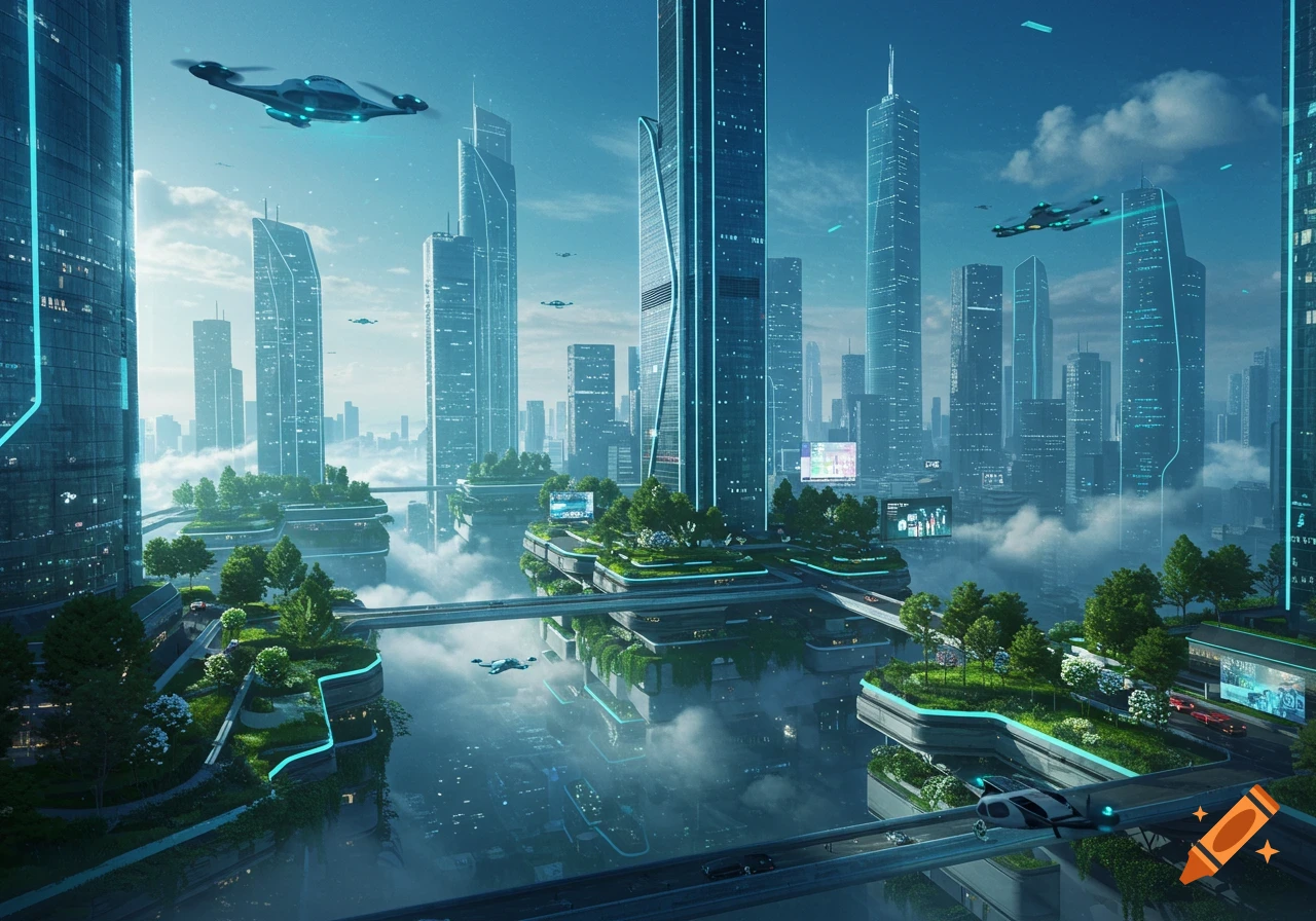 An expansive view of a futuristic city with towering skyscrapers featuring glowing blue lines, sky-high green terraces, and flying vehicles over a cloud-filled landscape.