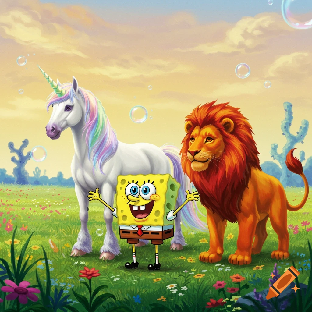 Spongebob, a rainbow-maned unicorn, and a red-orange lion in a vibrant, illustrative field with flowers and bubbles.