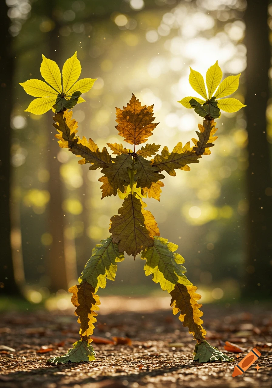A humanoid figure crafted from various autumn leaves stands dynamically in a sunlit forest, with bright yellow leaves as hands and head.