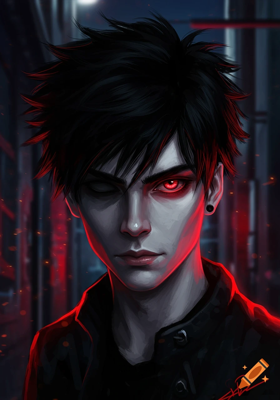 Digital illustration of a dark-haired teenager with one bright red glowing eye and a rogue expression against a dark background.