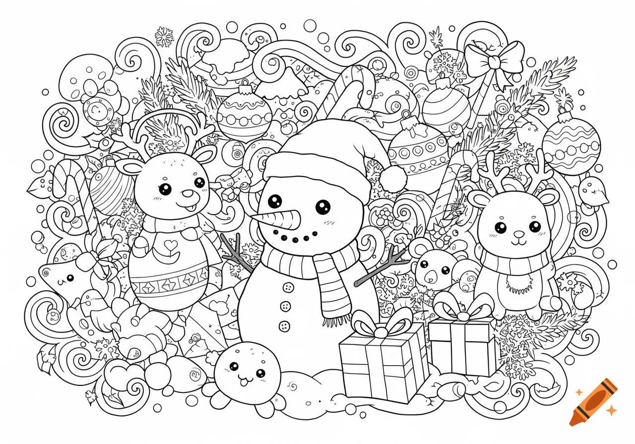 Black and white kawaii Christmas coloring page with a snowman, reindeer, and gifts surrounded by festive doodles.
