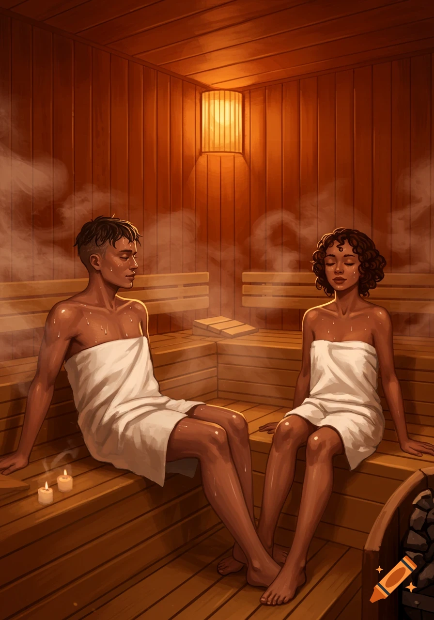 Illustrative image of a man and a woman in white towels relaxing in a steamy wooden sauna with warm lighting.