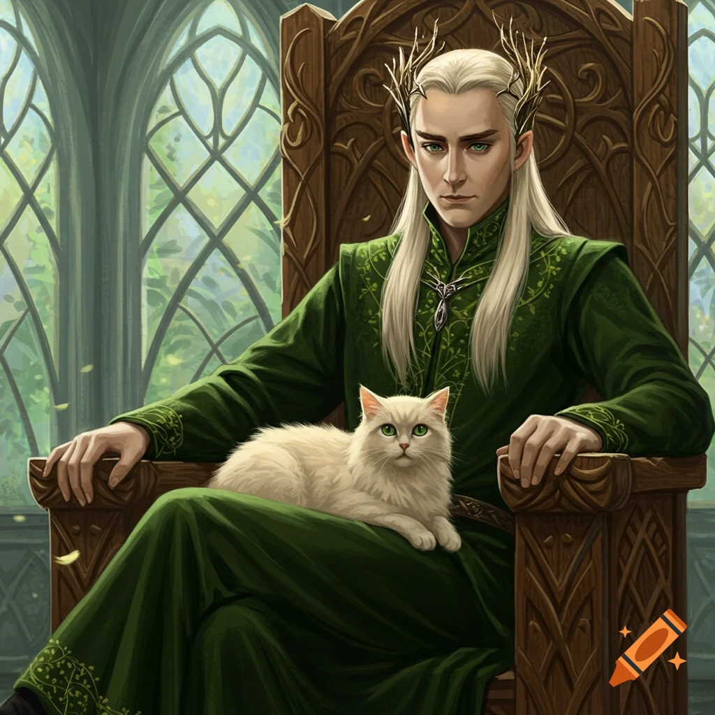 An elven king with long blonde hair and green eyes, wearing a dark green robe and golden antlers, sits on a wooden throne with a white fluffy cat on his lap.