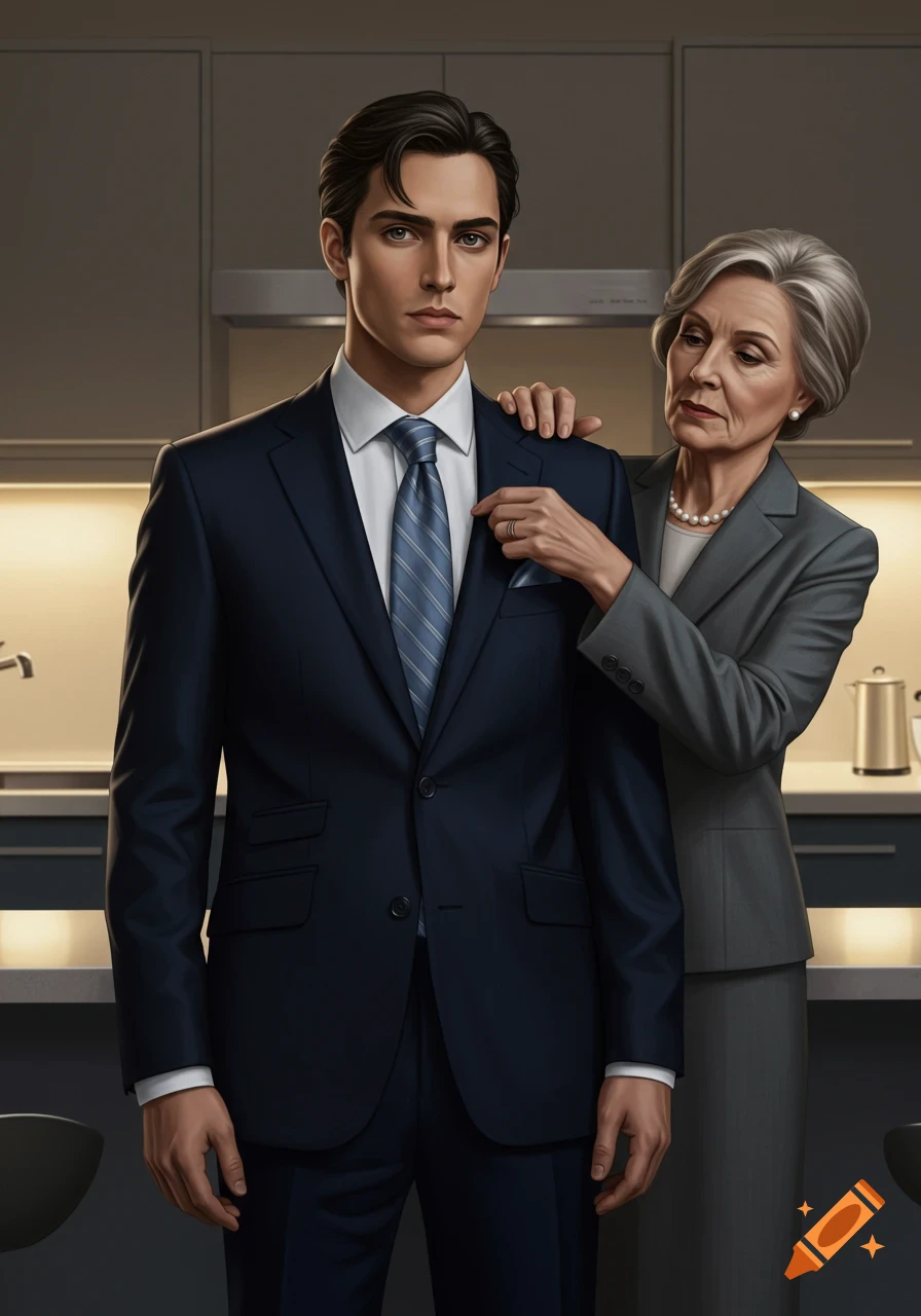 Young man in a navy suit and striped tie, standing in a kitchen, while an older woman in a grey suit adjusts his tie.