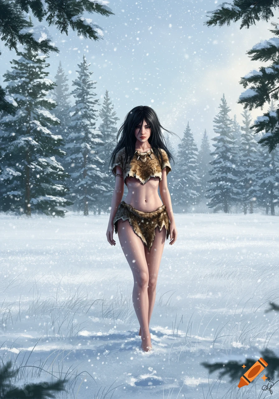Black-haired young woman in animal skin top and skirt walks barefoot through a snowy forest, digital painting.