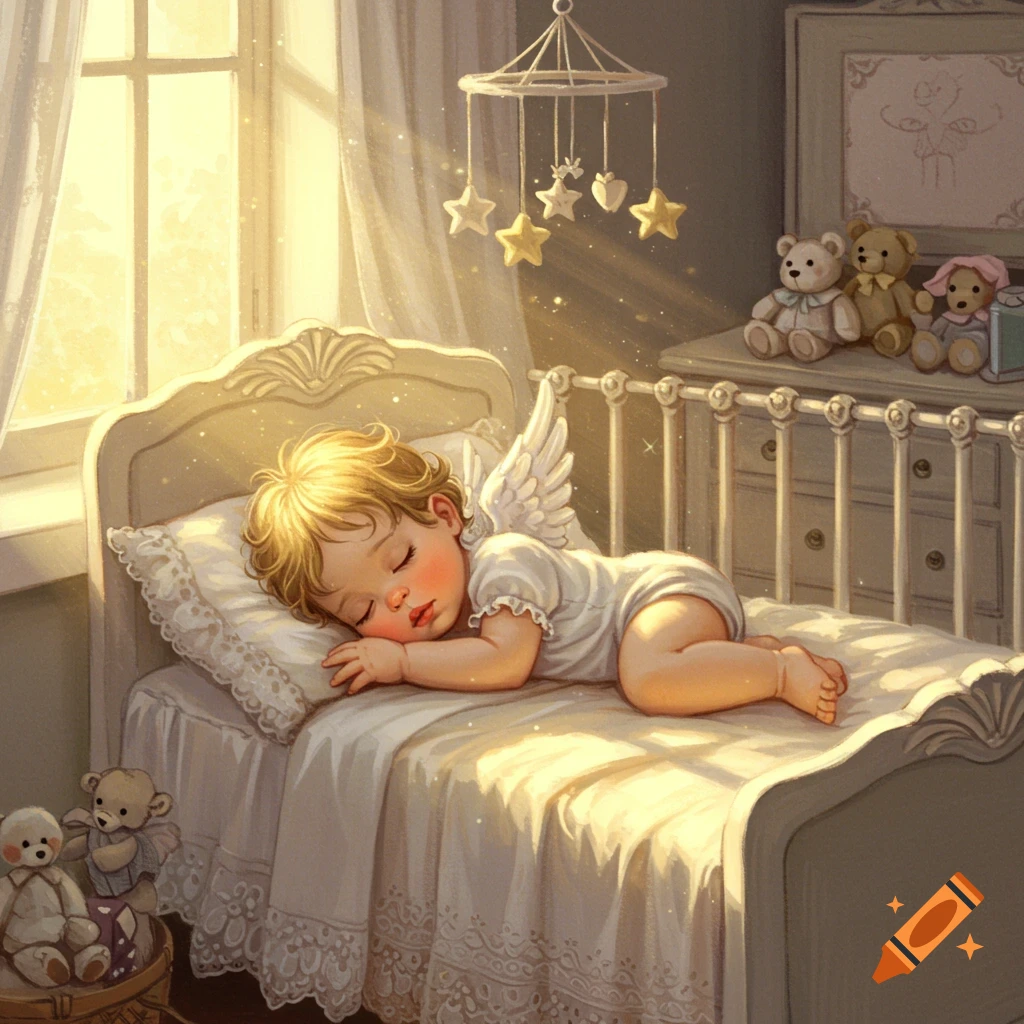 An illustration of a sleeping blonde baby with angel wings in a sunlit nursery, with a mobile overhead and teddy bears.