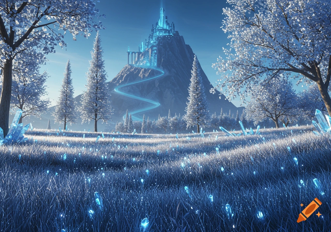 A majestic glowing crystal castle on a mountain overlooking a snow-covered forest and a field of sparkling blue crystals.