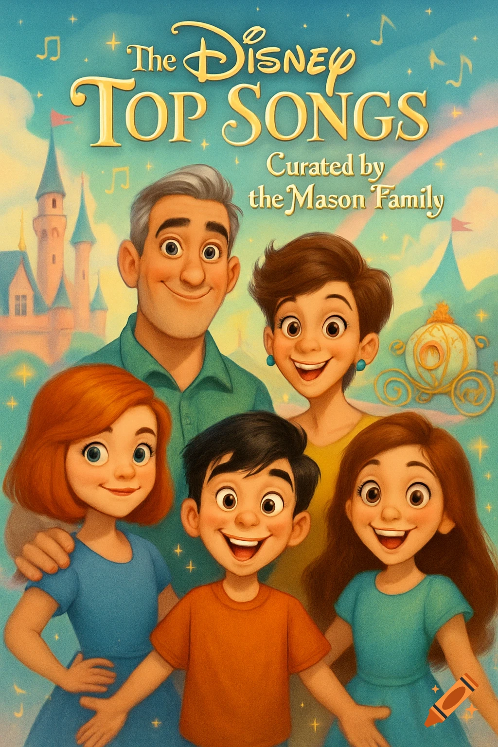 An animated Disney-style album cover featuring a smiling family of five with a castle backdrop. Text reads: The Disney Top Songs Curated by the Mason Family.