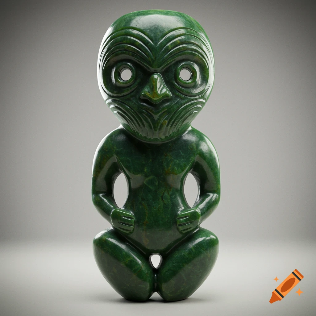 A highly detailed, photorealistic image of a traditional greenstone Maori hei tiki pendant on a neutral background.
