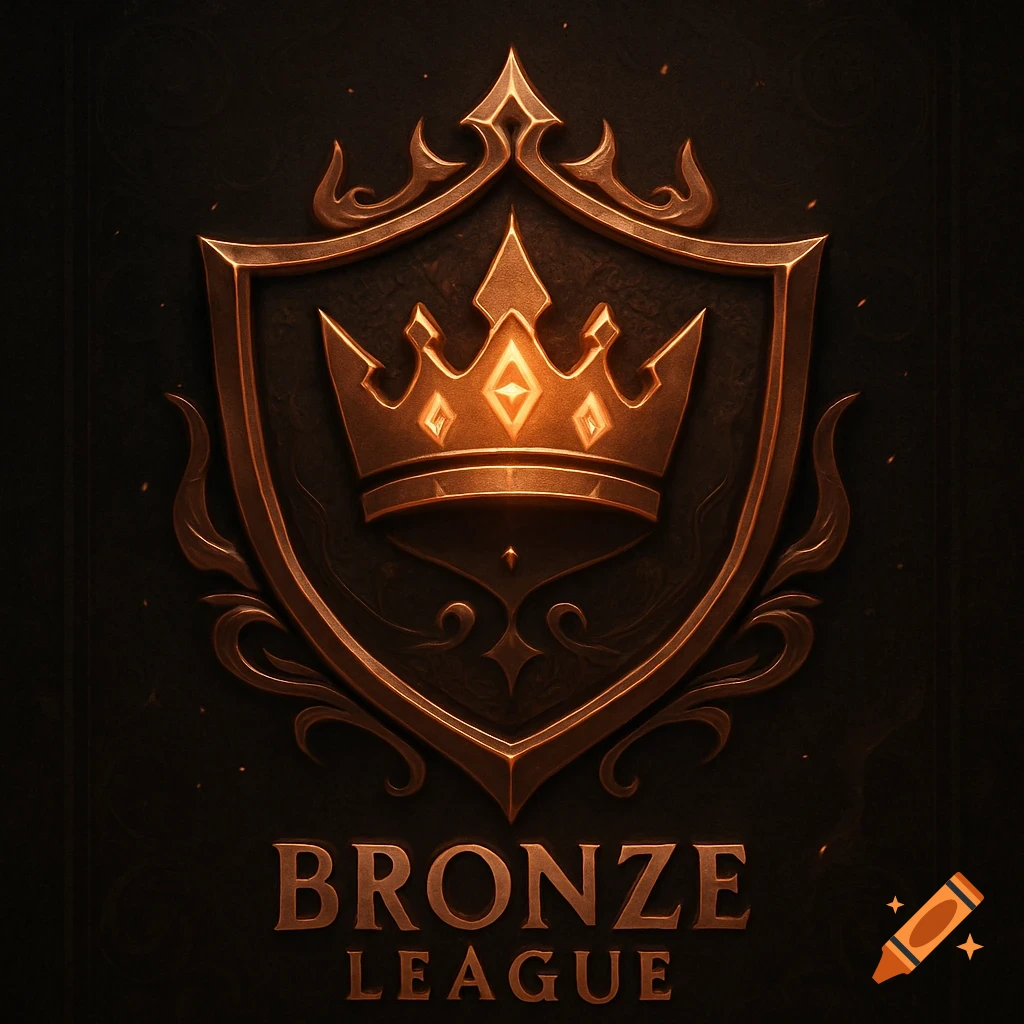 A bronze-colored shield emblem with an ornate crown inside, featuring 'BRONZE LEAGUE' text below, on a dark textured background.