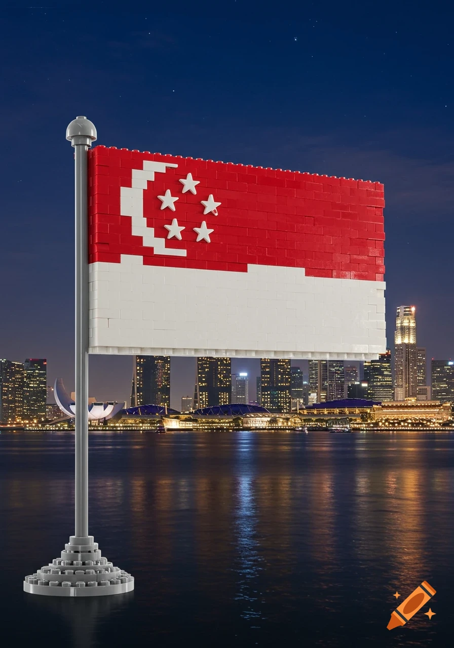 A Lego brick rendition of the Singapore flag on a flagpole against a vibrant night city skyline reflected in the water.