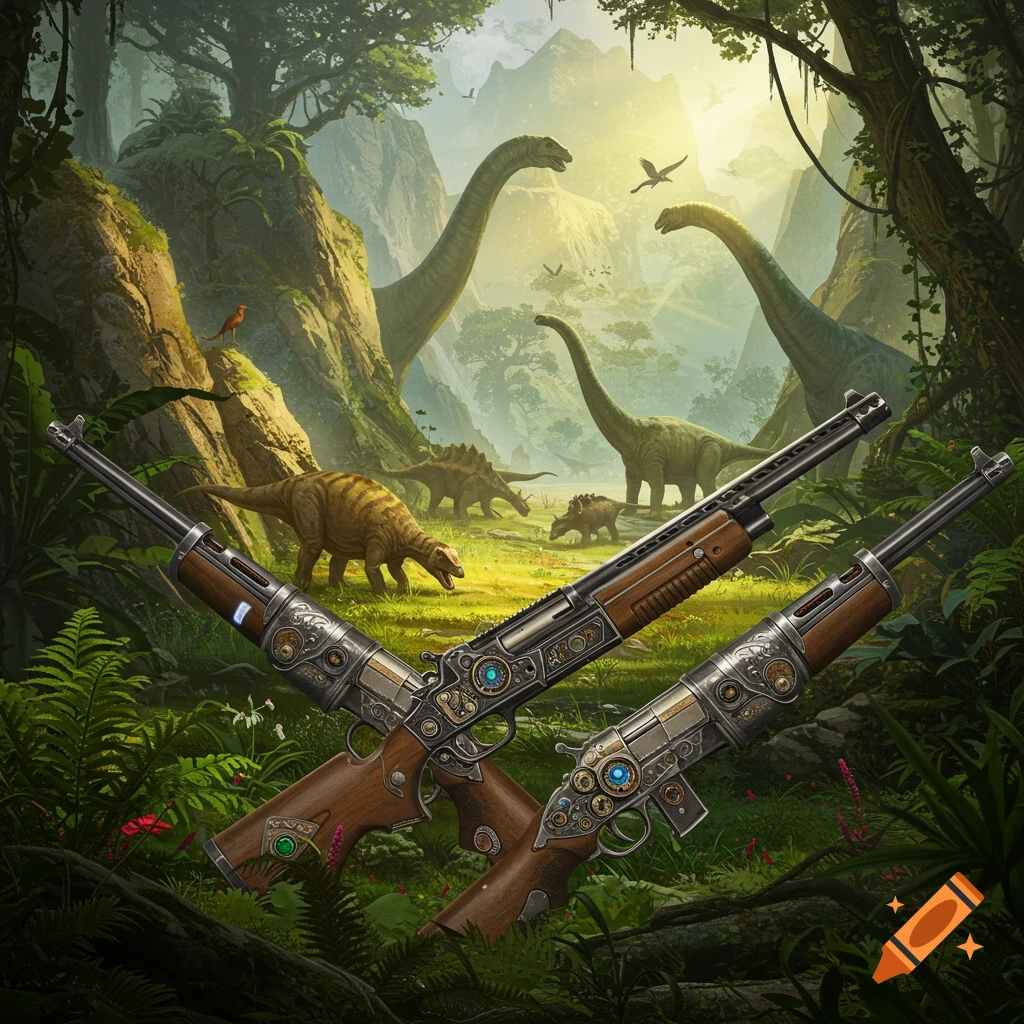 Two ornate steampunk rifles crossed in the foreground of a lush prehistoric jungle with various dinosaurs under a bright sky.