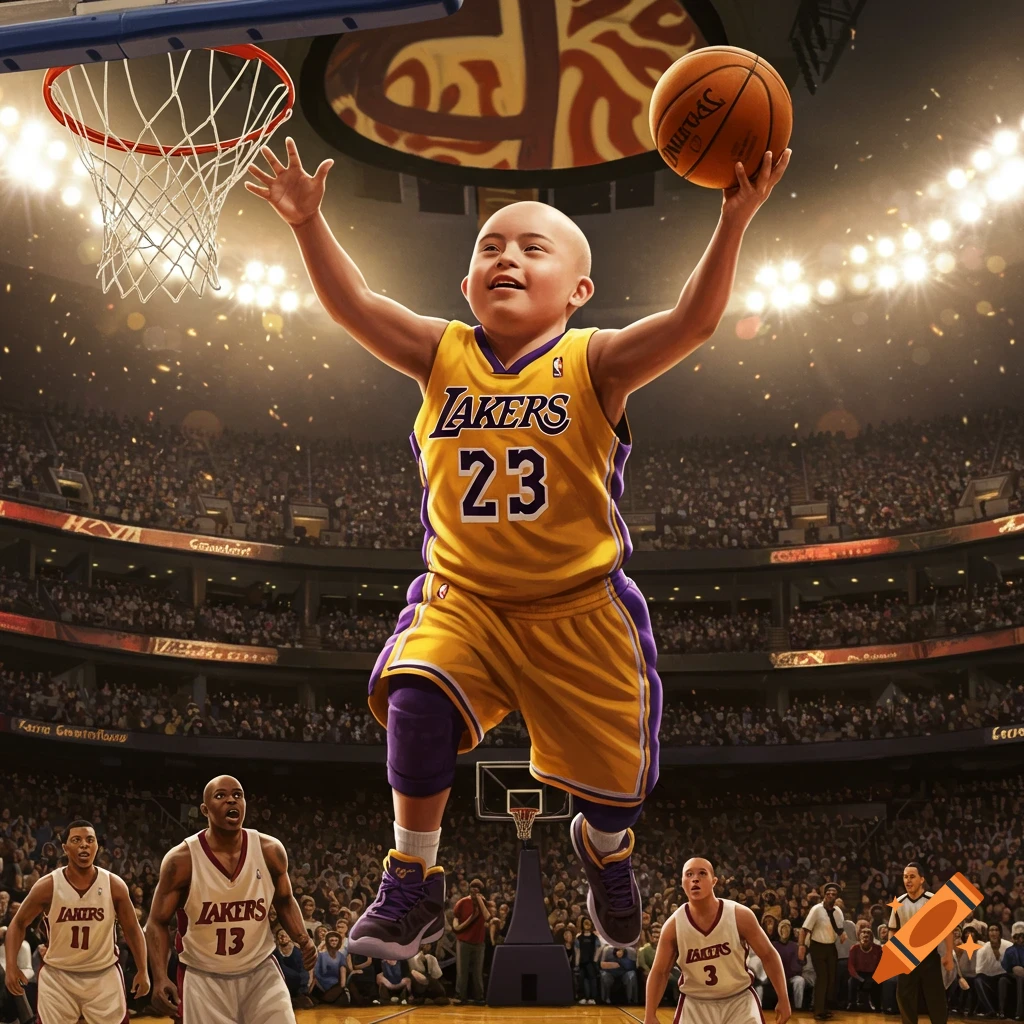 A bald child in a Lakers #23 jersey leaps to dunk a basketball in a crowded arena, with other players watching.