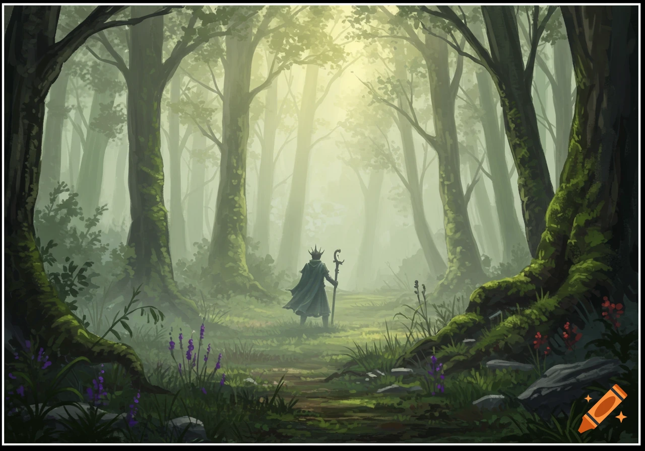 A robed, crowned figure with a staff walks along a path through a misty, sun-dappled fantasy forest with tall trees and purple flowers.