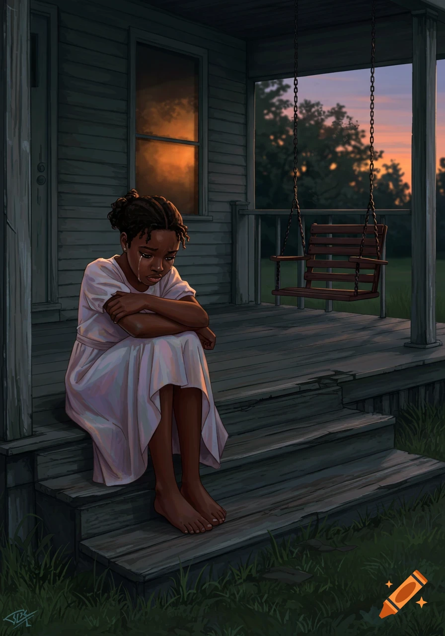 A young Black girl with braided hair sits barefoot on a wooden porch, crying with arms crossed, at dusk with a warm sunset sky.