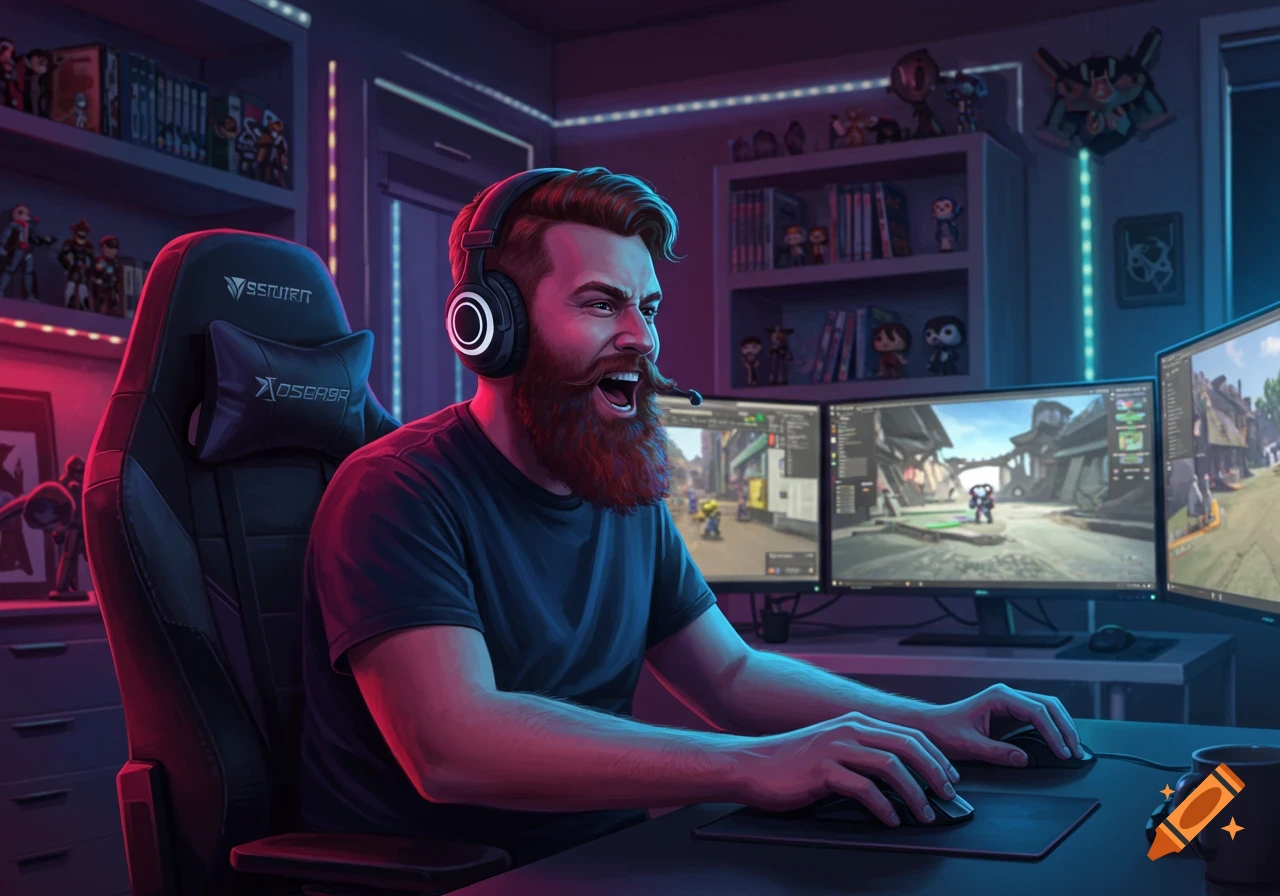 A bearded man with headphones actively plays video games on a multiple-monitor setup in a neon-lit room, digital art.