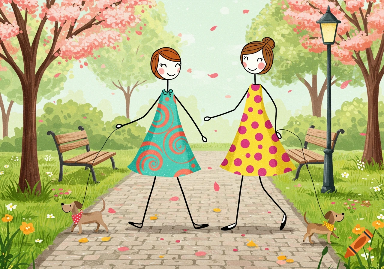 Two stylized stick women in colorful dresses walk their small dogs on a path in a park with flowering trees.