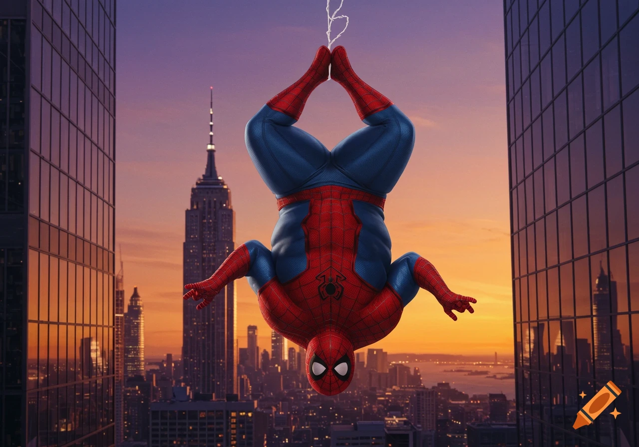 A fat Spider-Man hangs upside down from a web, silhouetted against a vibrant sunset over a bustling cityscape.