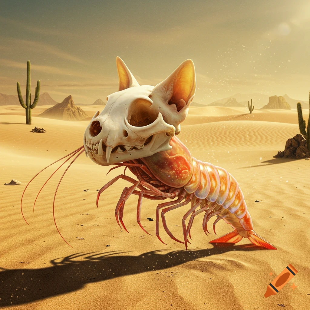 Photorealistic cat skull on a shrimp body in a sandy desert with cacti.
