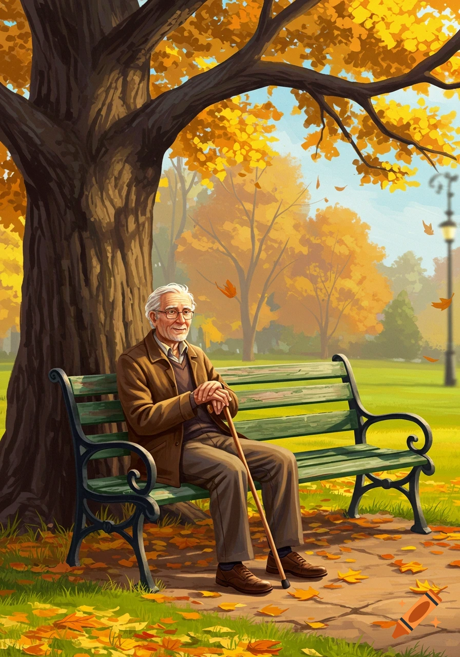 Vibrant illustration of an old man with glasses sitting on a green park bench under a large tree with golden autumn leaves.