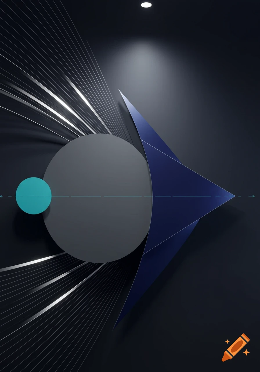 A sleek abstract digital art piece with a large grey circle, a small teal circle, and a dark blue triangle, surrounded by radiating lines on a dark background.