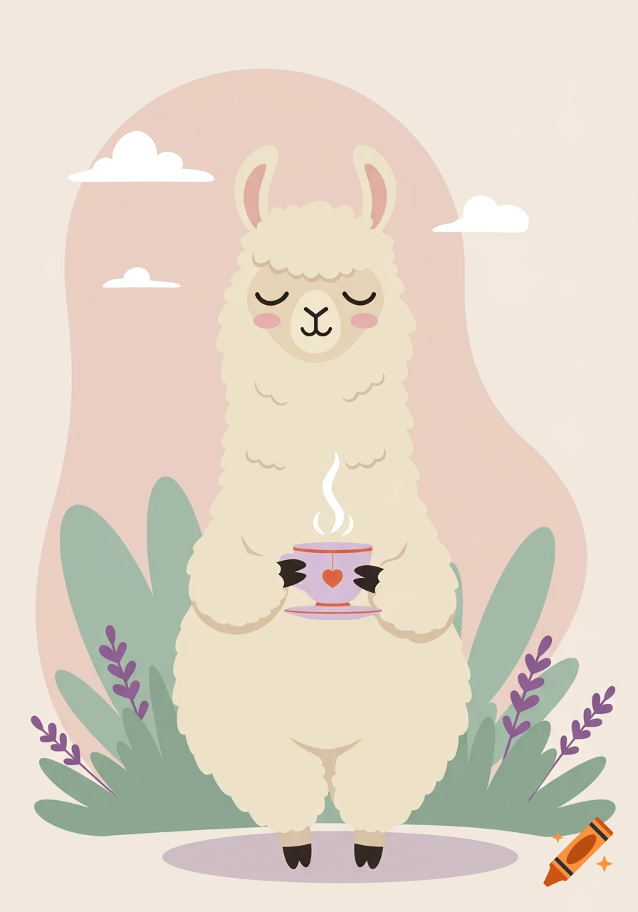 A cute cartoon llama with closed eyes holds a steaming teacup featuring a heart, against a soft pink background with green bushes.