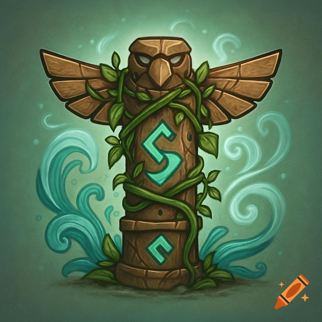 A stylized wooden totem with a bird head, wrapped in green vines, featuring glowing blue-green runes and surrounded by swirling water.