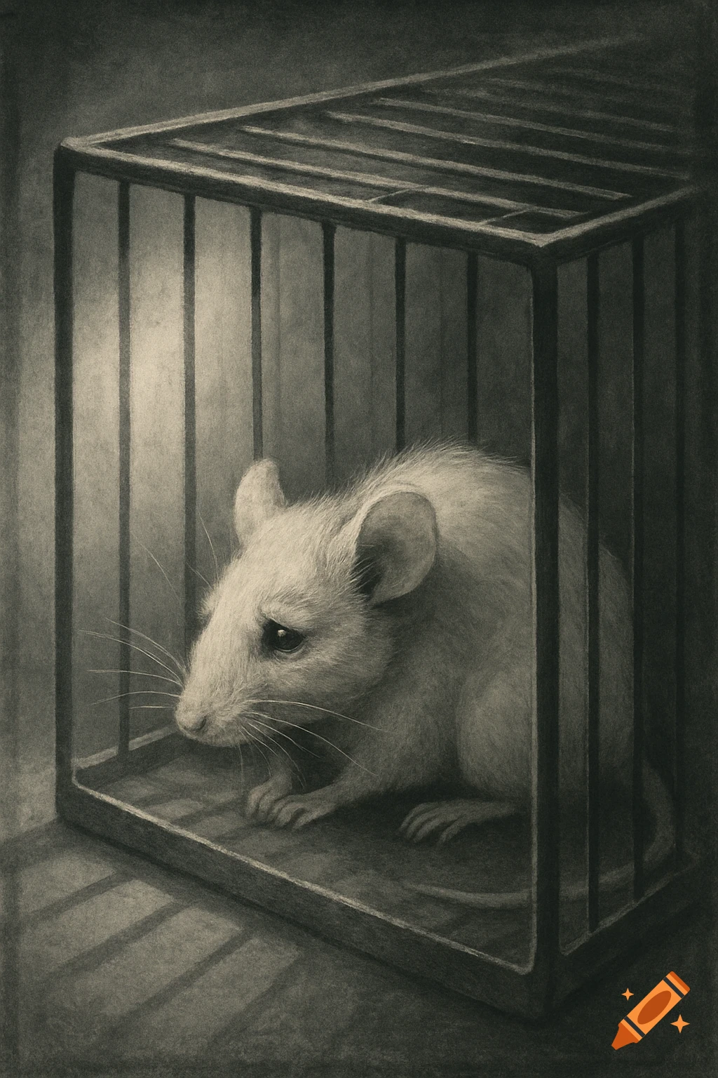 A sad white mouse sits inside a dark, rectangular cage in a monochrome charcoal drawing style.
