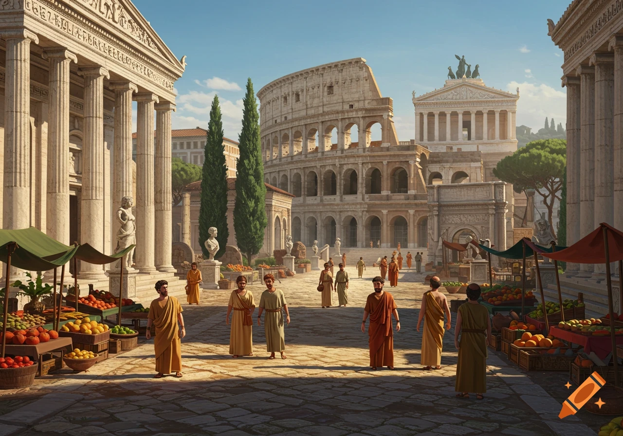 A bustling ancient Roman market scene with people in togas, fruit stalls, and classical architecture including a large coliseum-like structure and temples under a clear sky.