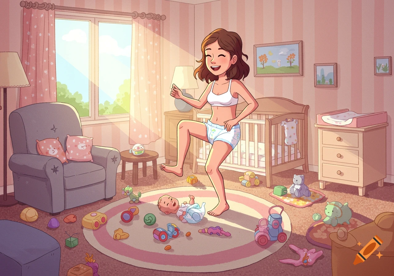 Cartoon illustration of a mother in a bra and diaper playing with her baby on a rug in a bright nursery, surrounded by toys.
