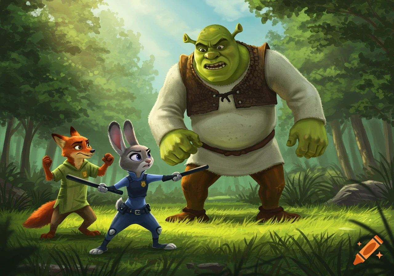 Cartoon Shrek angrily faces off against Judy Hopps with batons and Nick Wilde in a lush green forest.