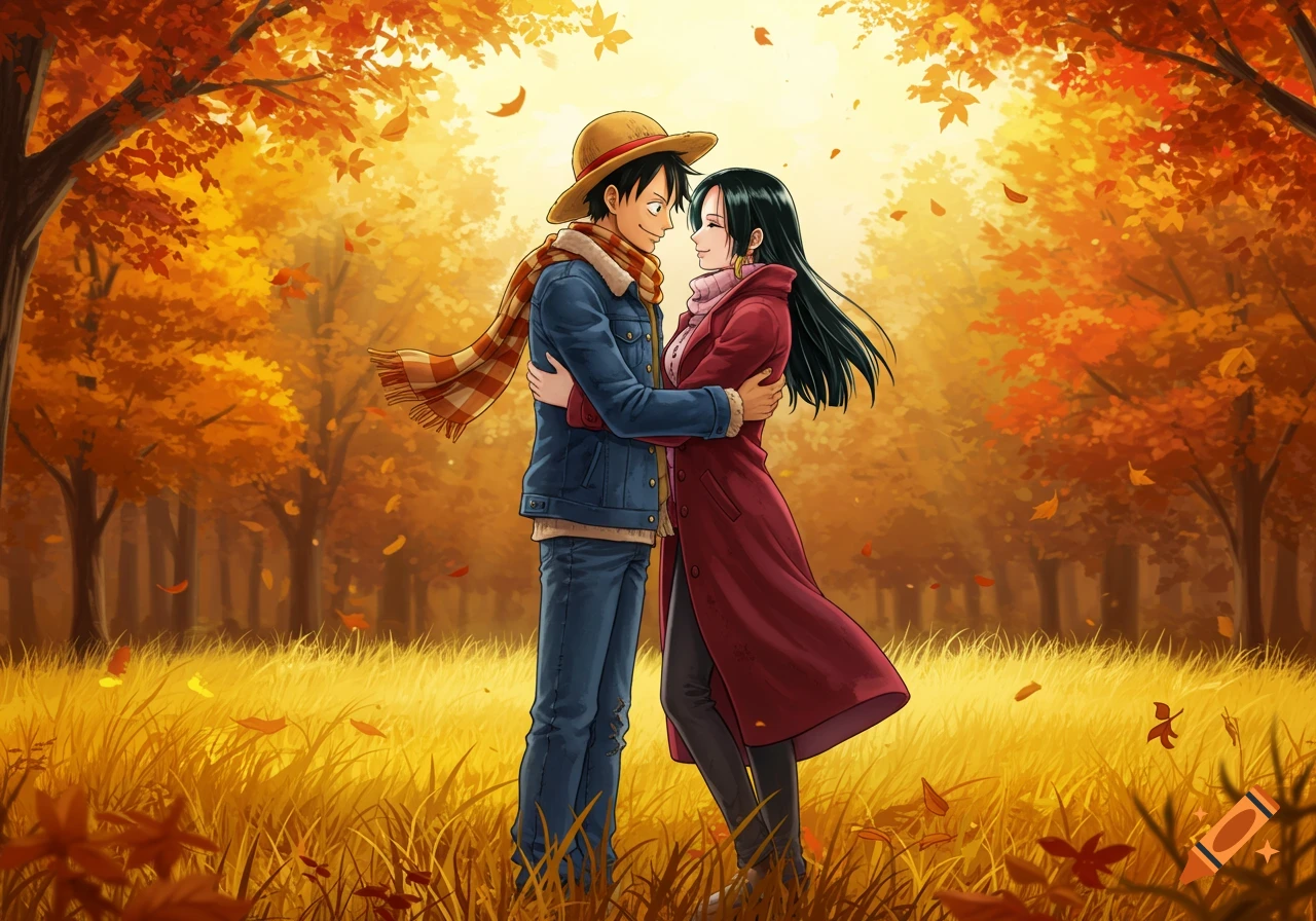 Anime illustration of Luffy and Hancock embracing in a golden autumn meadow with falling leaves.