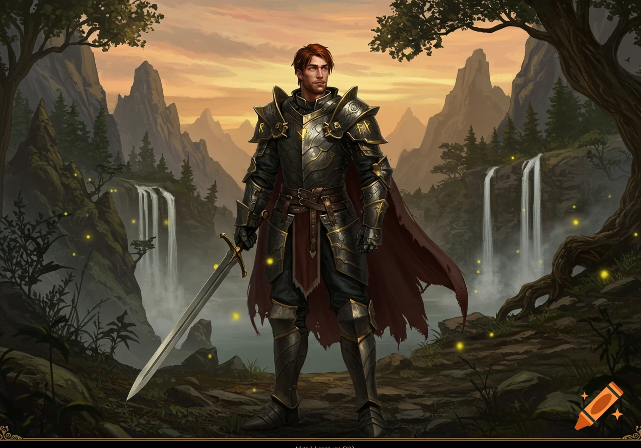 A male warrior in dark and gold armor with a sword stands in a fantasy landscape with mountains and waterfalls at sunset, glowing fireflies nearby.