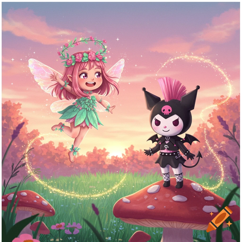 A pink-haired fairy floats beside a Kuromi character standing on a red mushroom in a magical sunset forest.