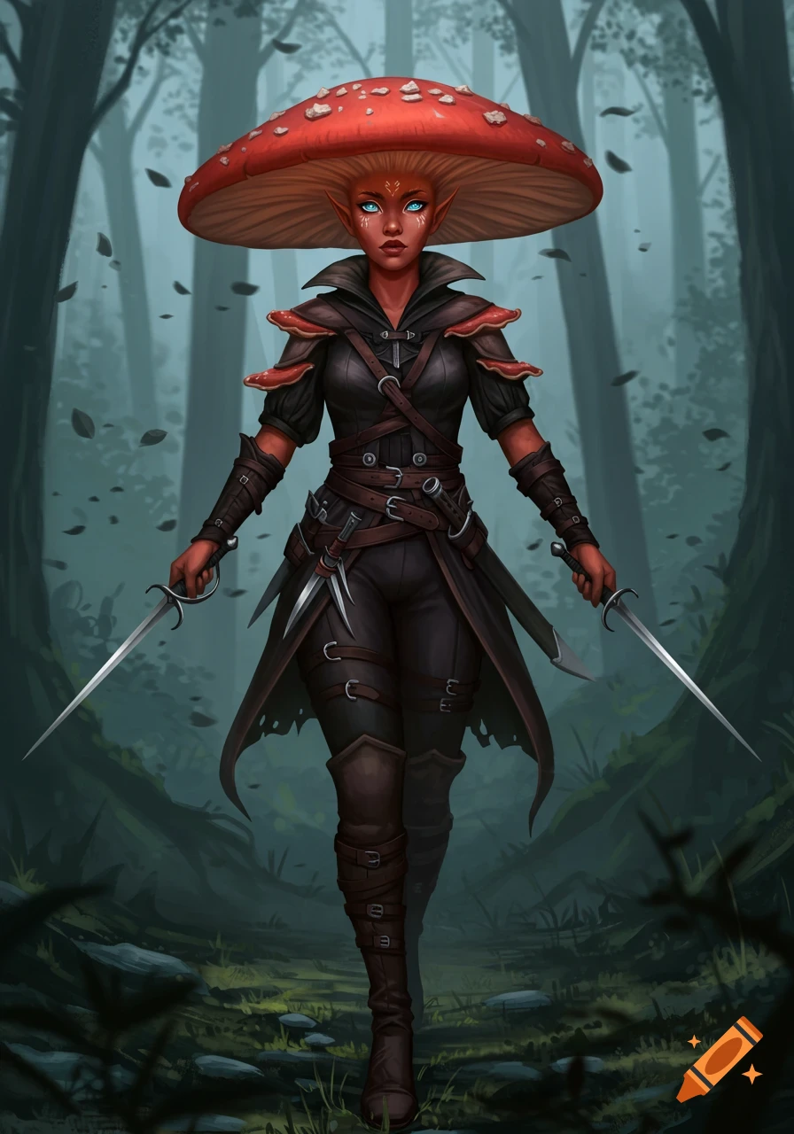 A red-skinned mushroom-headed female fantasy character in dark armor, holding daggers, stands in a misty forest.