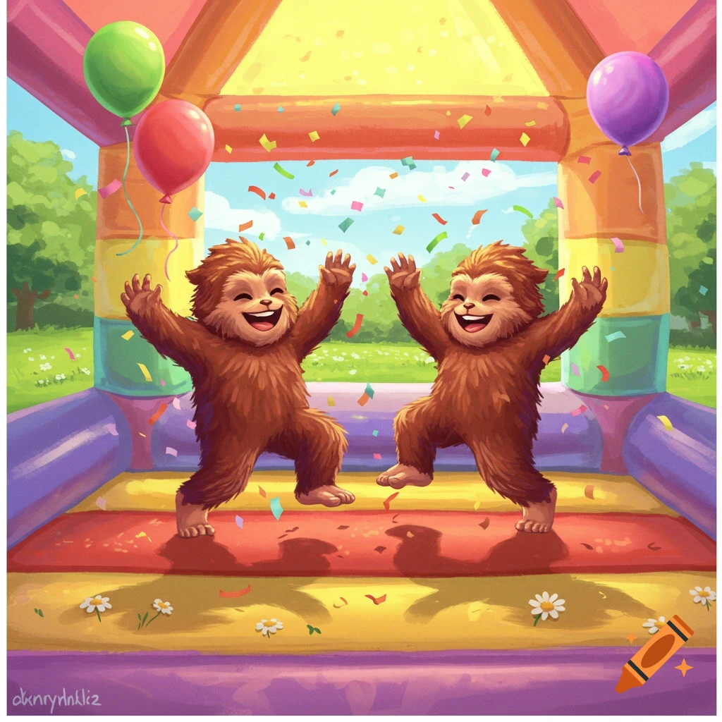 Two cartoon bigfoots joyfully jump in a colorful bounce house with confetti and balloons, in a vibrant illustration style.