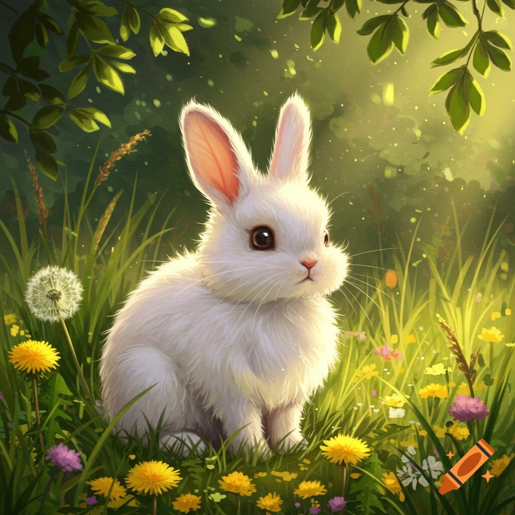 A fluffy white bunny sits in a sunlit field of green grass and yellow wildflowers.