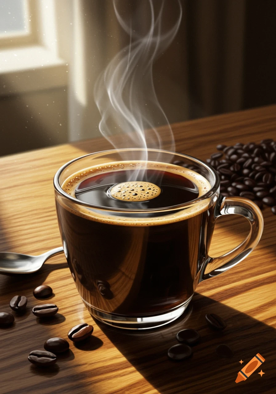 A steaming mug of hot black coffee with foam on a wooden table, surrounded by scattered coffee beans and a spoon, bathed in warm sunlight.
