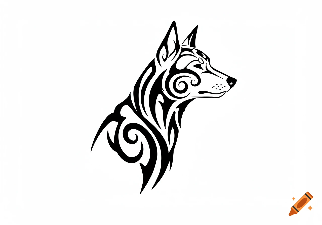 Black and white tribal art illustration of a dog's head in profile.