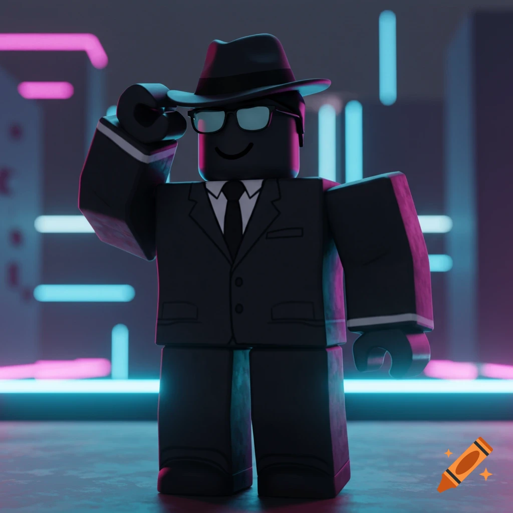 A dark grey Roblox avatar wearing a black suit, fedora, and sunglasses, adjusting the hat against a neon-lit background.