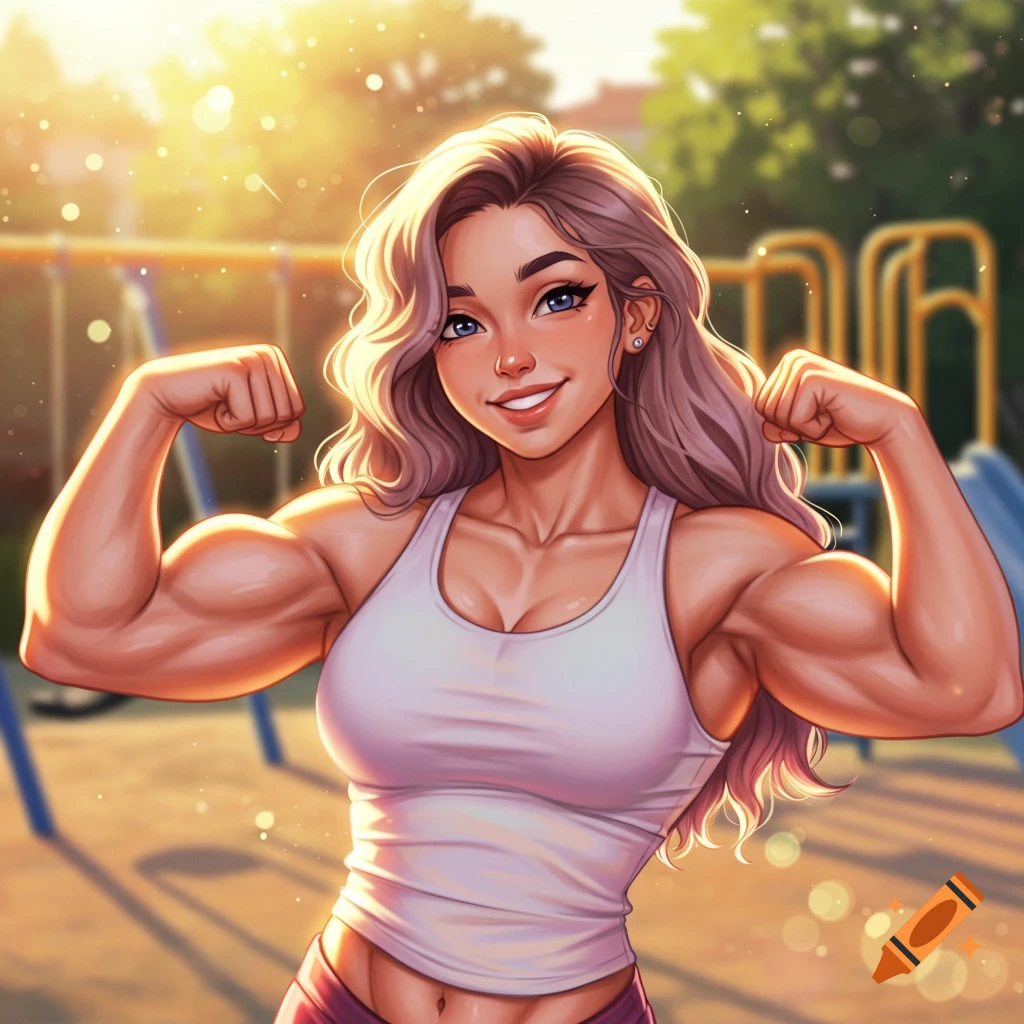 A smiling, muscular woman with blonde hair flexing her biceps in a sunny park, anime style.