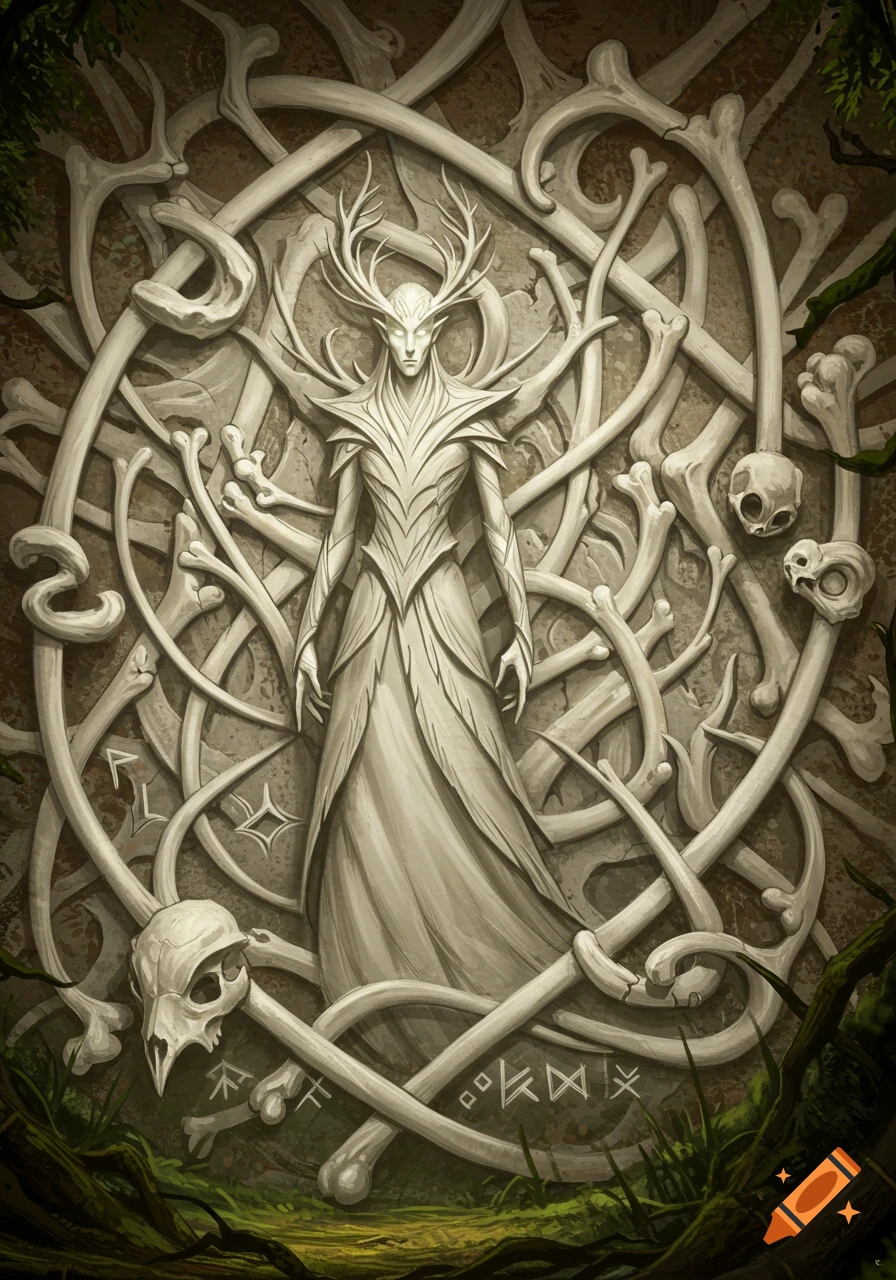 Detailed bone mural of an antlered humanoid with glowing eyes, surrounded by intertwined bones and skulls.